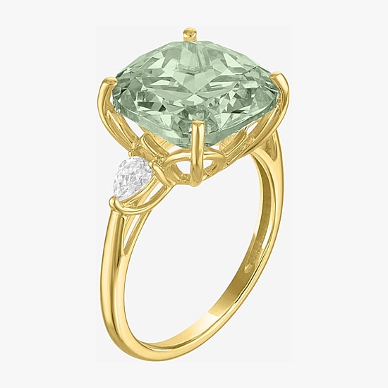 (G-H/Si2-I1) Womens 1/4 CT. T.W. Genuine Green Amethyst 10K Gold Cushion 3-Stone Cocktail Ring
