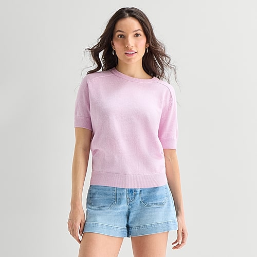 Ana Womens Crew Neck Short Sleeve Pullover Sweater In Pink