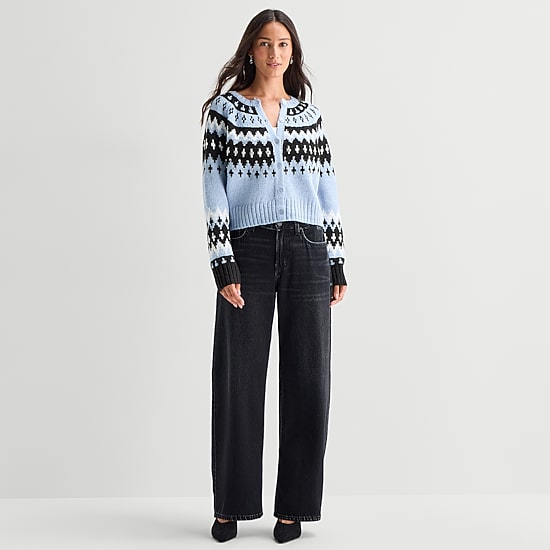A.N.A Womens Crew Neck Long Sleeve Embellished Button Cardigan