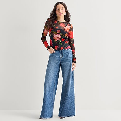 Ana Embellished Womens Tall Highest Rise Wide Leg Jean In Blue
