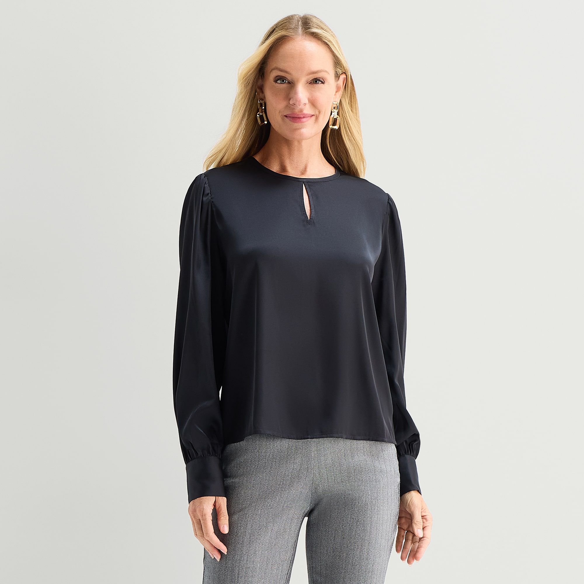 Liz Claiborne Womens Keyhole Neck Long Sleeve Satin Blouse