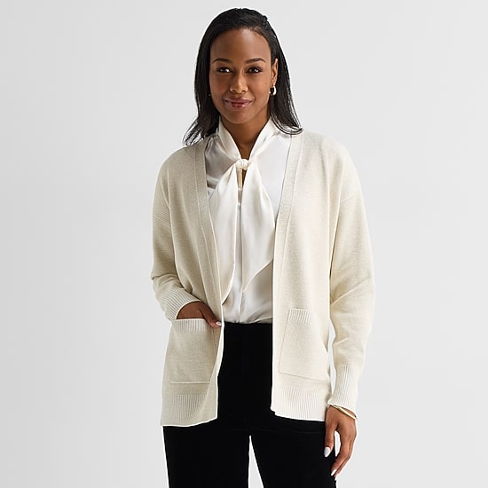 Liz Claiborne Womens V Neck Long Sleeve Open Front Petite Cardigan