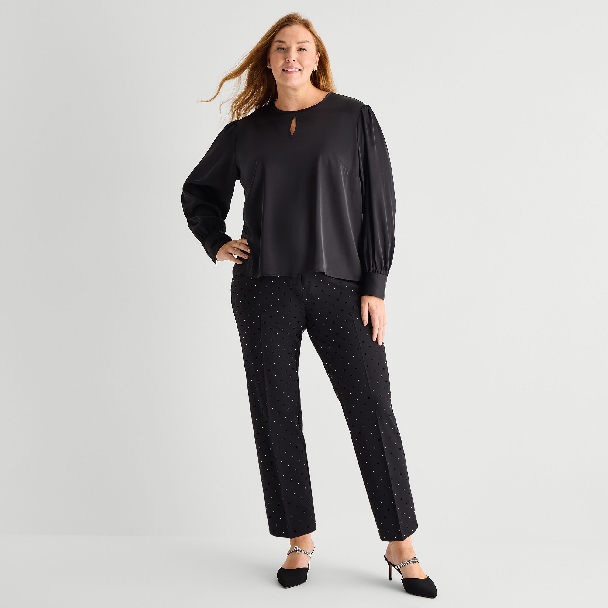 Liz Claiborne Womens Plus Henley Neck Long Sleeve Satin Blouse