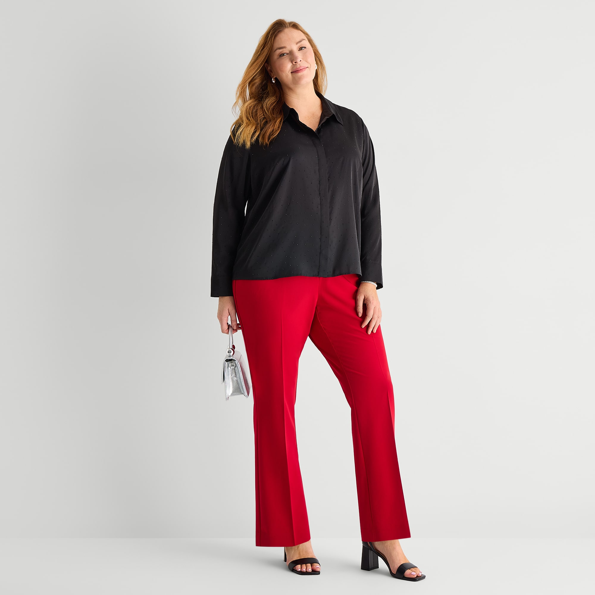 Liz Claiborne Womens Plus Long Sleeve Satin Embellished Blouse
