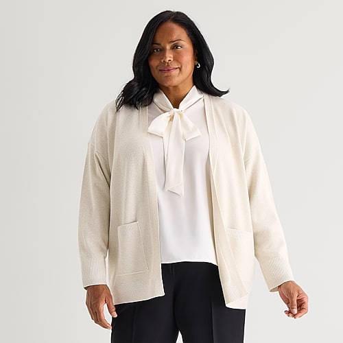 Liz Claiborne Womens Long Sleeve Open Front Plus Cardigan In White