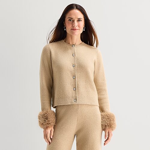 Liz Claiborne Faux Fur Womens Crew Neck Long Sleeve Button Petite Cardigan In Brown