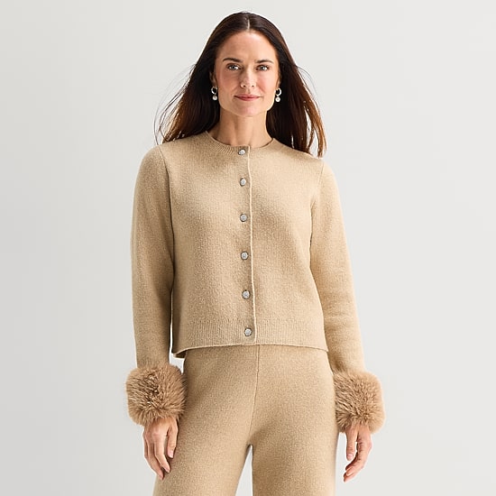 Liz Claiborne Faux Fur Womens Crew Neck Long Sleeve Button Petite Cardigan