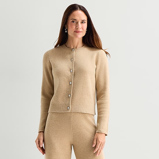 Liz Claiborne Faux Fur Womens Crew Neck Long Sleeve Button Petite Cardigan