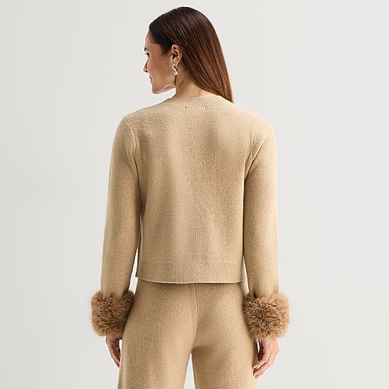Liz Claiborne Faux Fur Womens Crew Neck Long Sleeve Button Petite Cardigan
