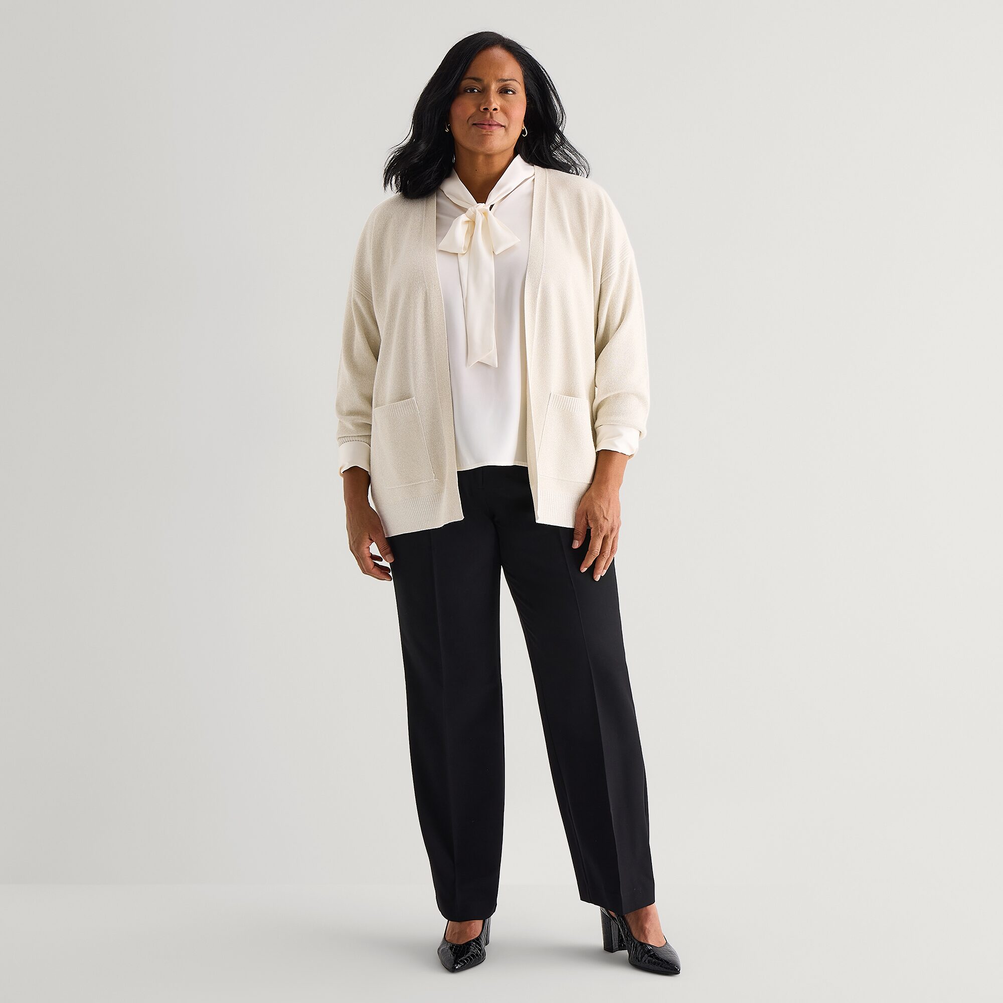 Liz Claiborne Womens Long Sleeve Open Front Plus Cardigan