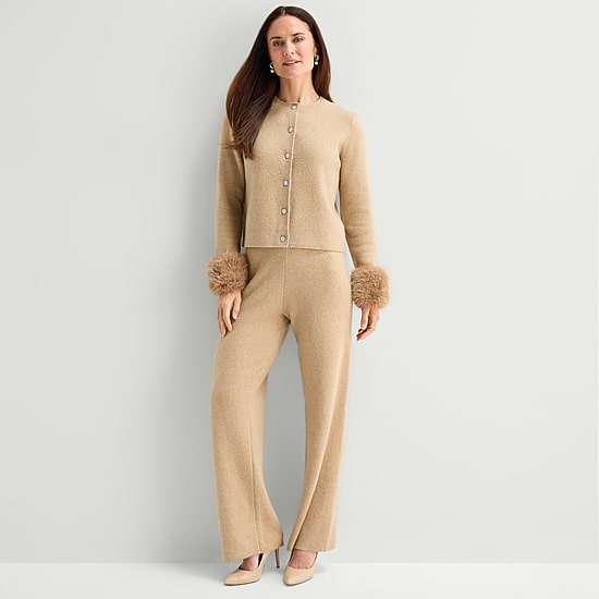Liz Claiborne Faux Fur Womens Crew Neck Long Sleeve Button Petite Cardigan