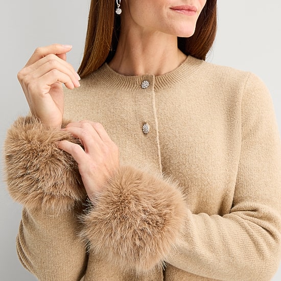 Liz Claiborne Faux Fur Womens Crew Neck Long Sleeve Button Petite Cardigan
