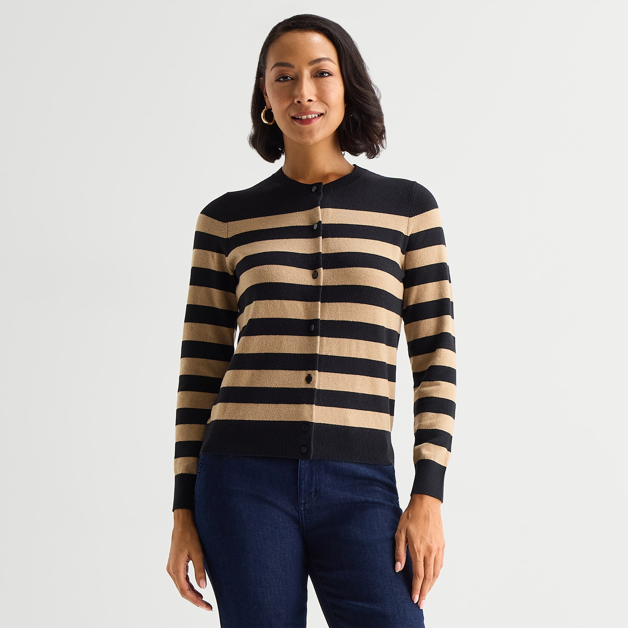 Liz Claiborne Luxe Womens Crew Neck Long Sleeve Button Open Front Cardigan