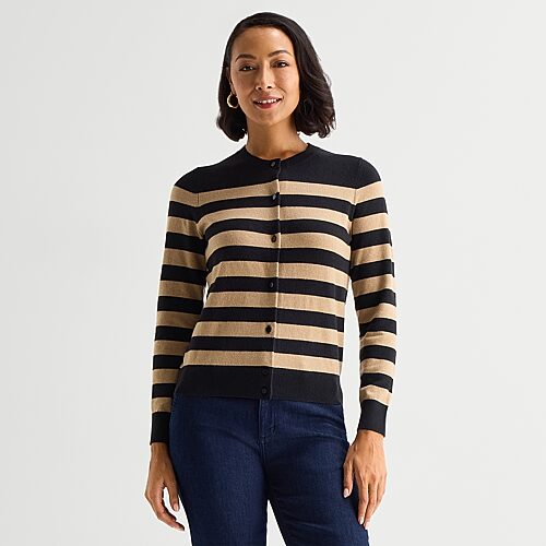 Liz Claiborne Luxe Womens Crew Neck Long Sleeve Button Open Front Cardigan In Black