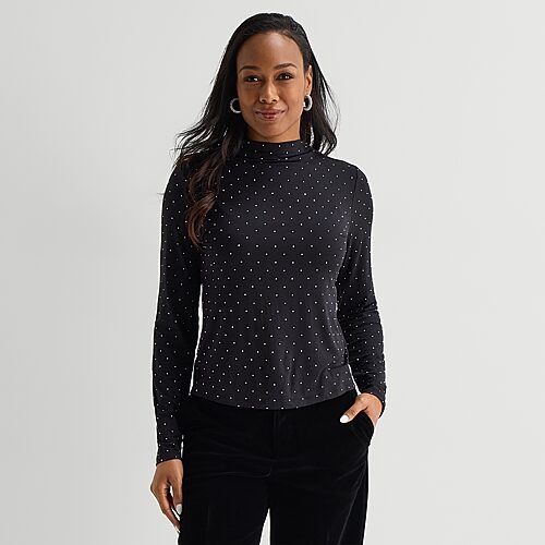 Liz Claiborne Embellished Womens Funnel Neck Long Sleeve Blouse, Xx-large, Black