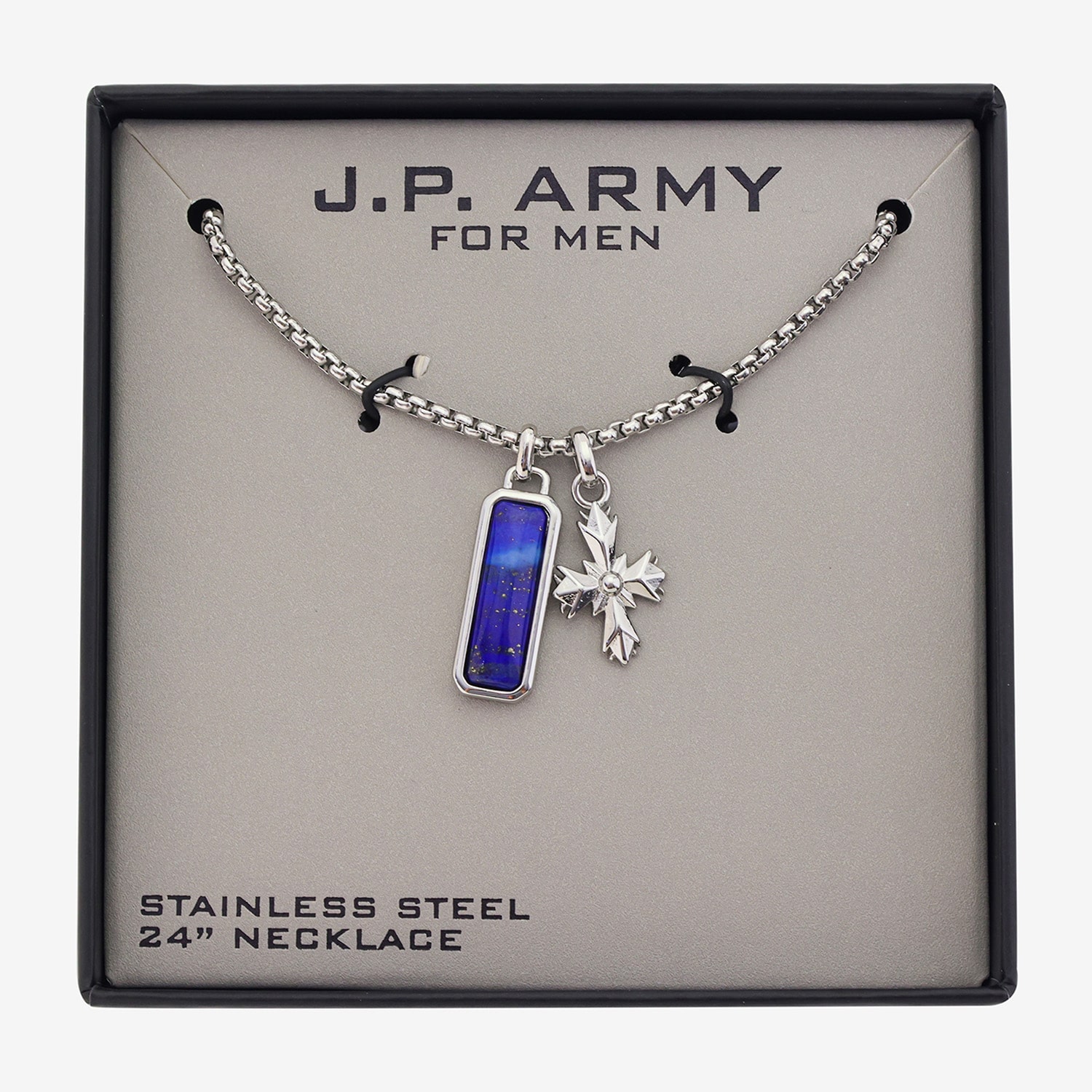 J.P. Army Mens Gray Lapis Stainless Steel Cross 24 Inch Pendant Necklace