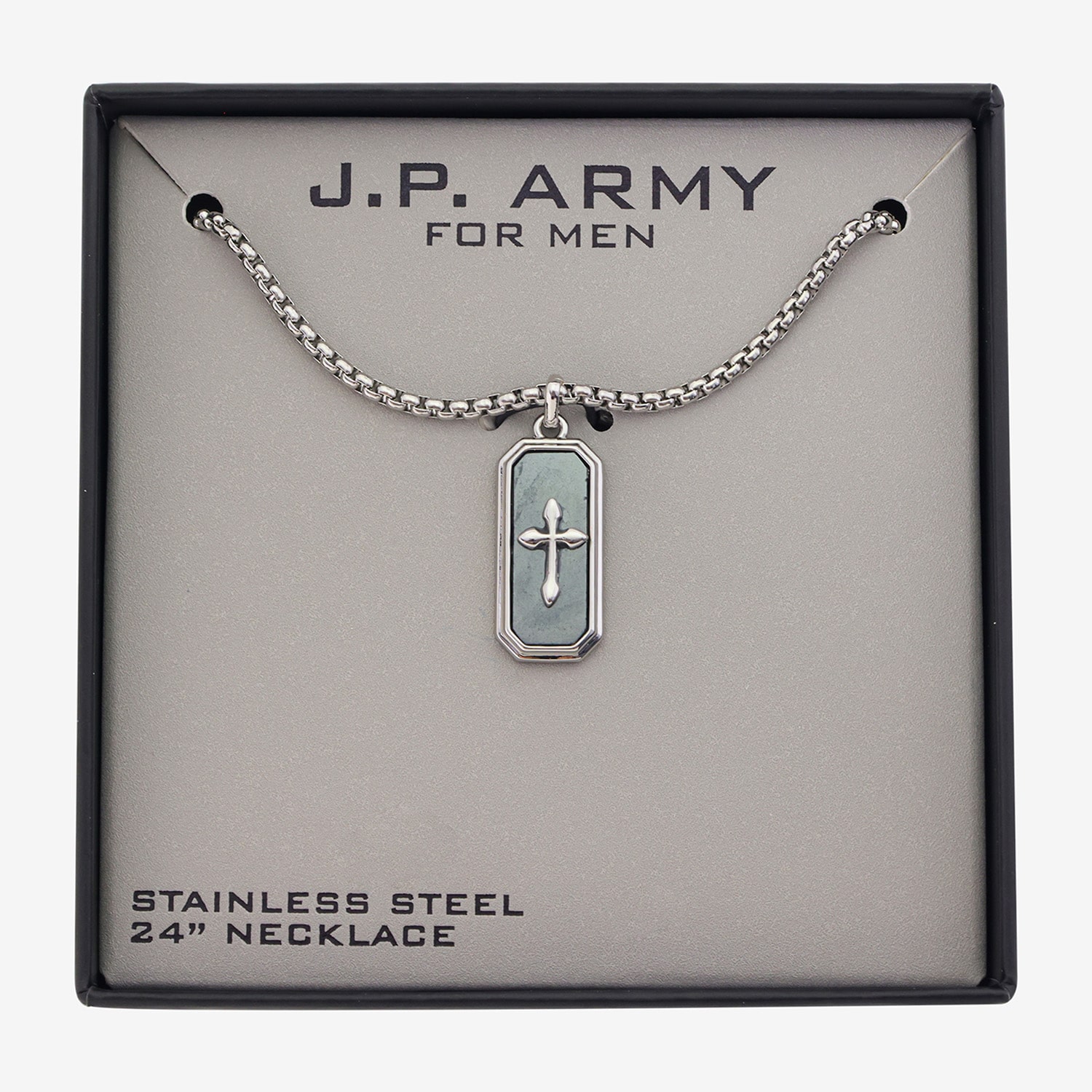 J.P. Army Mens Black Hematite Stainless Steel Cross 24 Inch Pendant Necklace