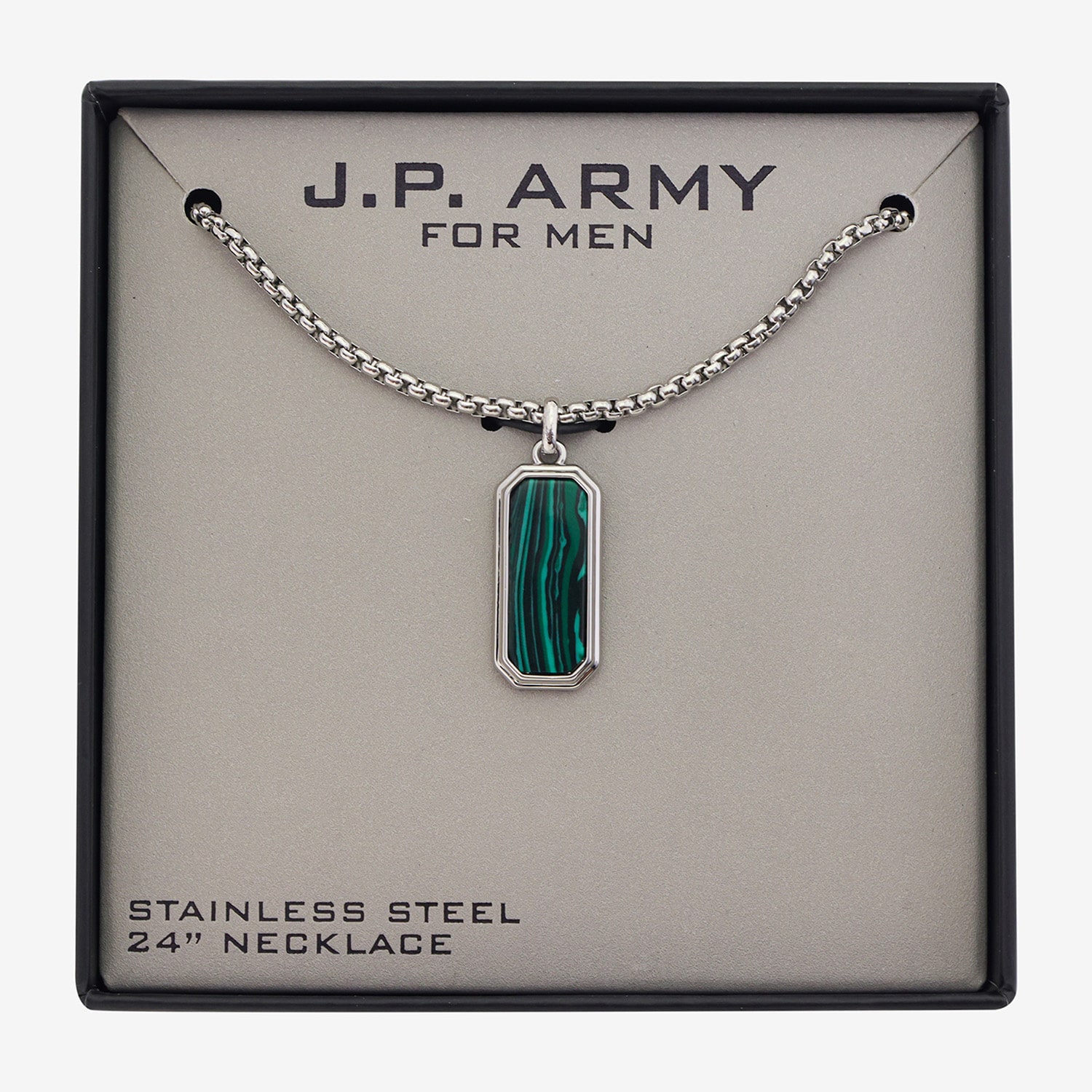 J.P. Army Mens Green Malachite Stainless Steel Bar 24 Inch Pendant Necklace