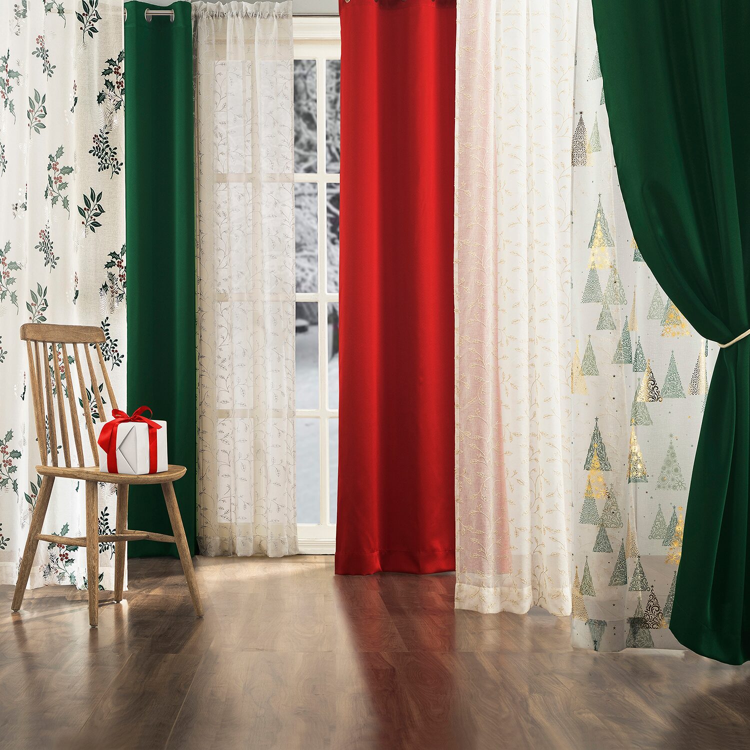 No 918 Holly Metallic Embroidery Christmas Rod Pocket Sheer Set of 2 Curtain Panel