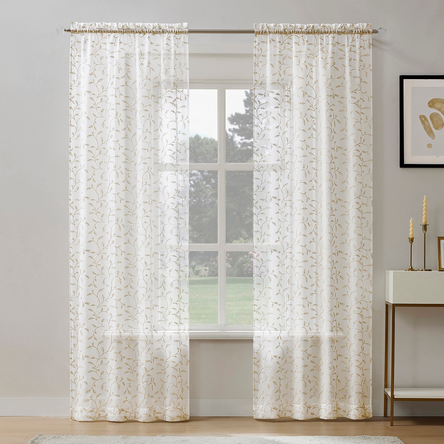 No 918 Holly Metallic Embroidery Christmas Rod Pocket Sheer Set of 2 Curtain Panel