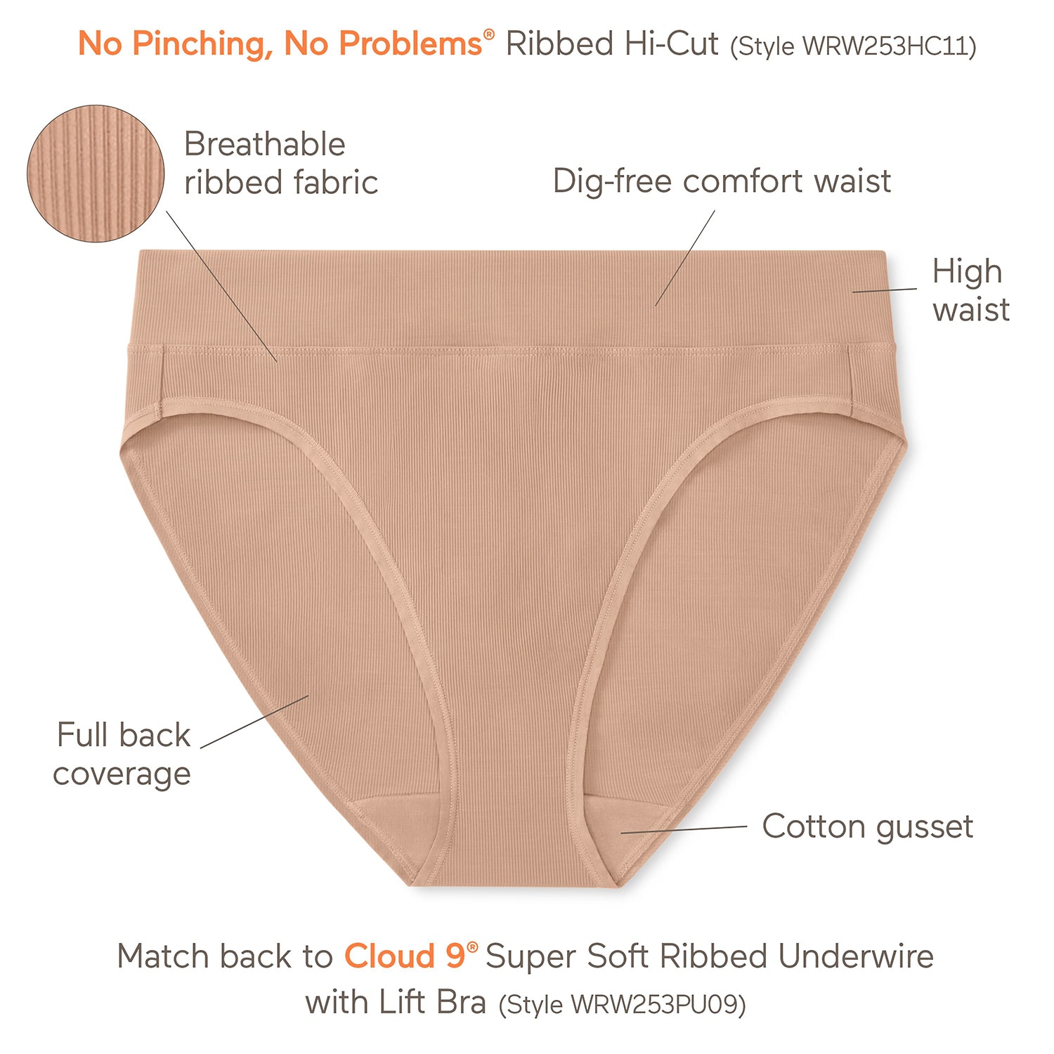 Warners No Pinching Problems Womens Average + Full Figure High Cut Panty Wrw253hc11