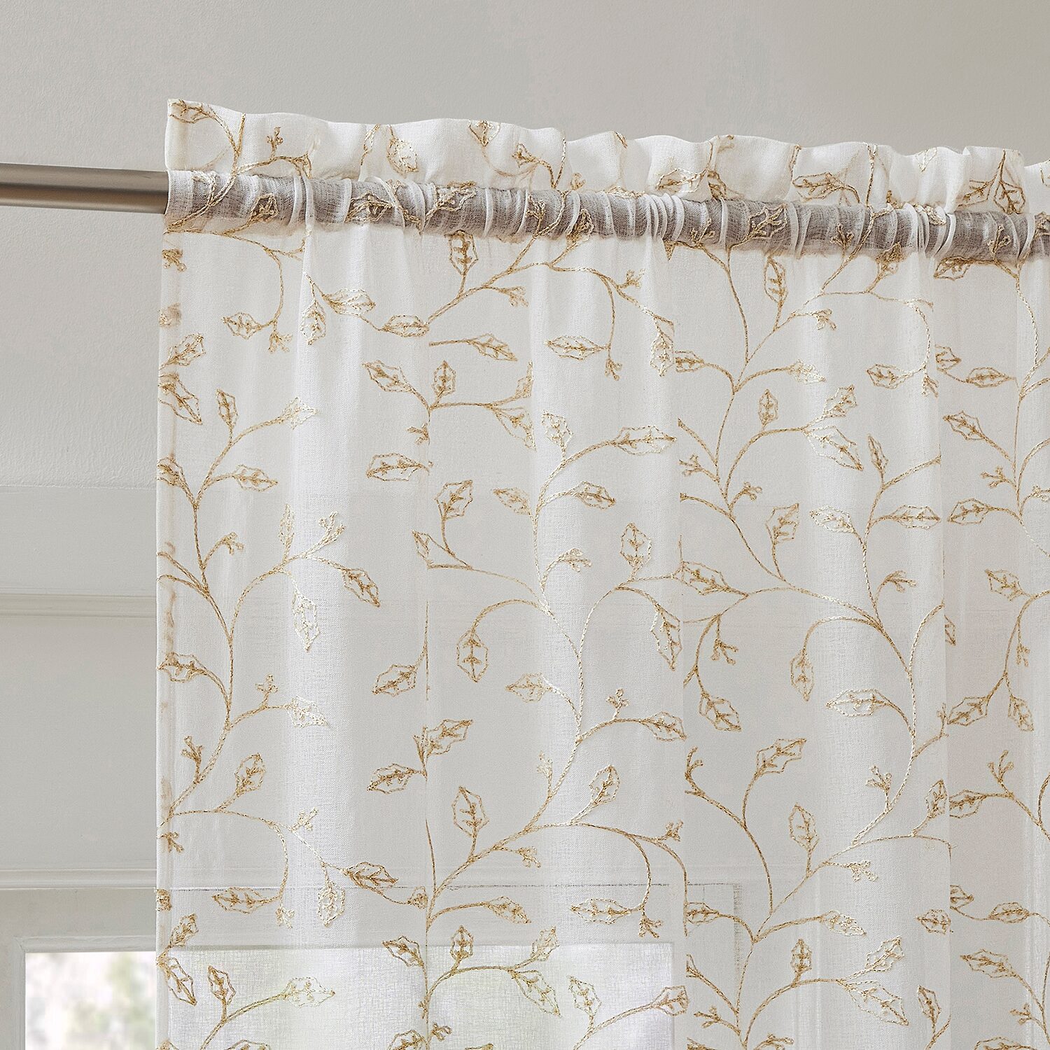No 918 Holly Metallic Embroidery Christmas Rod Pocket Sheer Set of 2 Curtain Panel