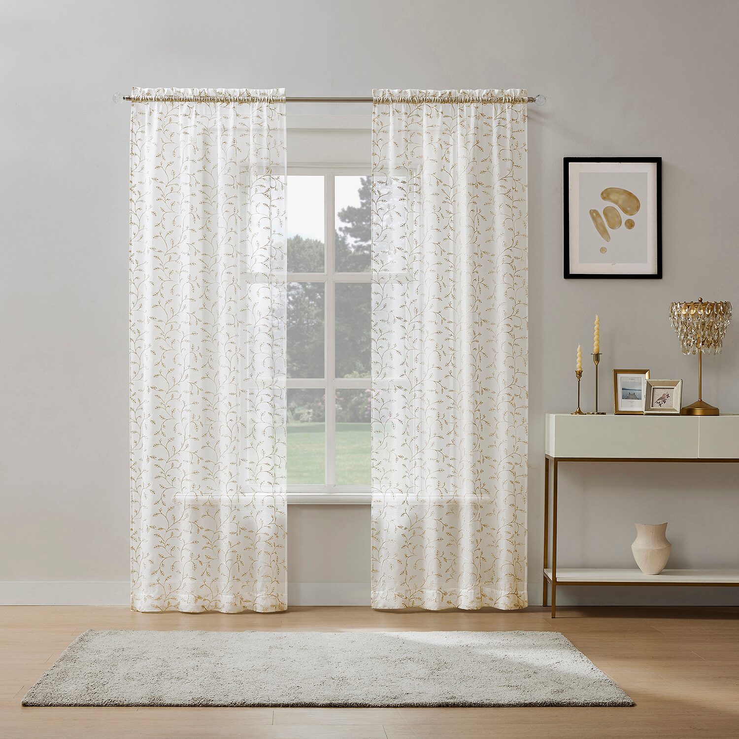 No 918 Holly Metallic Embroidery Christmas Rod Pocket Sheer Set of 2 Curtain Panel