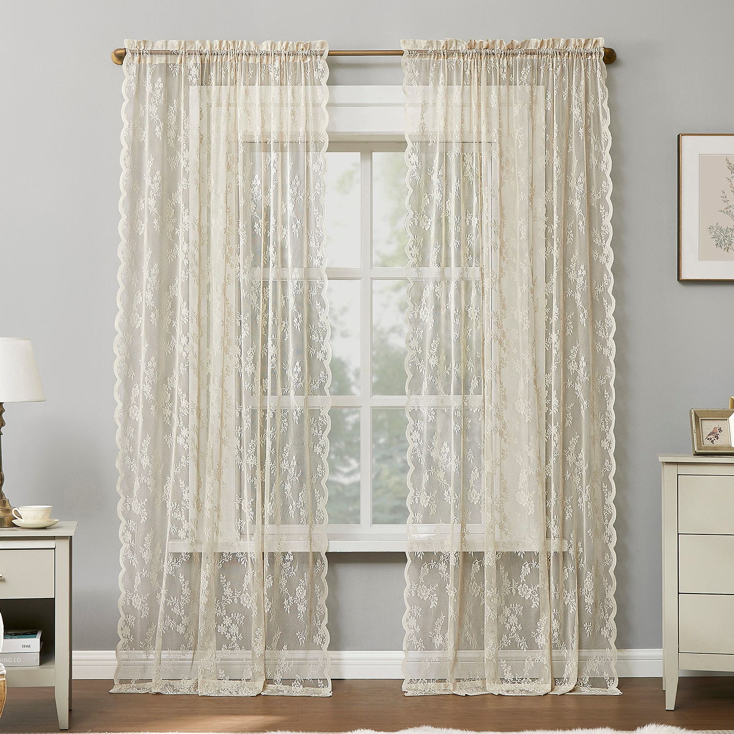 No 918 Lillemor Vintage Floral Lace Rod Pocket Sheer Set of 2 Curtain Panel