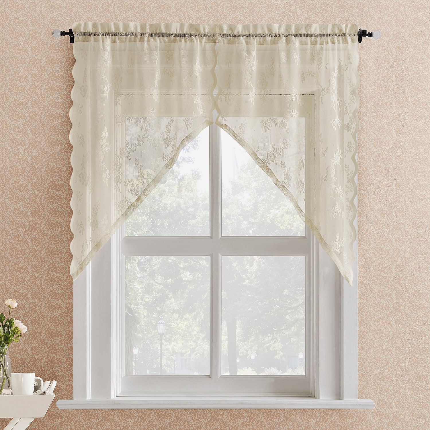 No 918 Lillemor Vintage Floral Lace Rod Pocket Sheer Set of 2 Curtain Panel