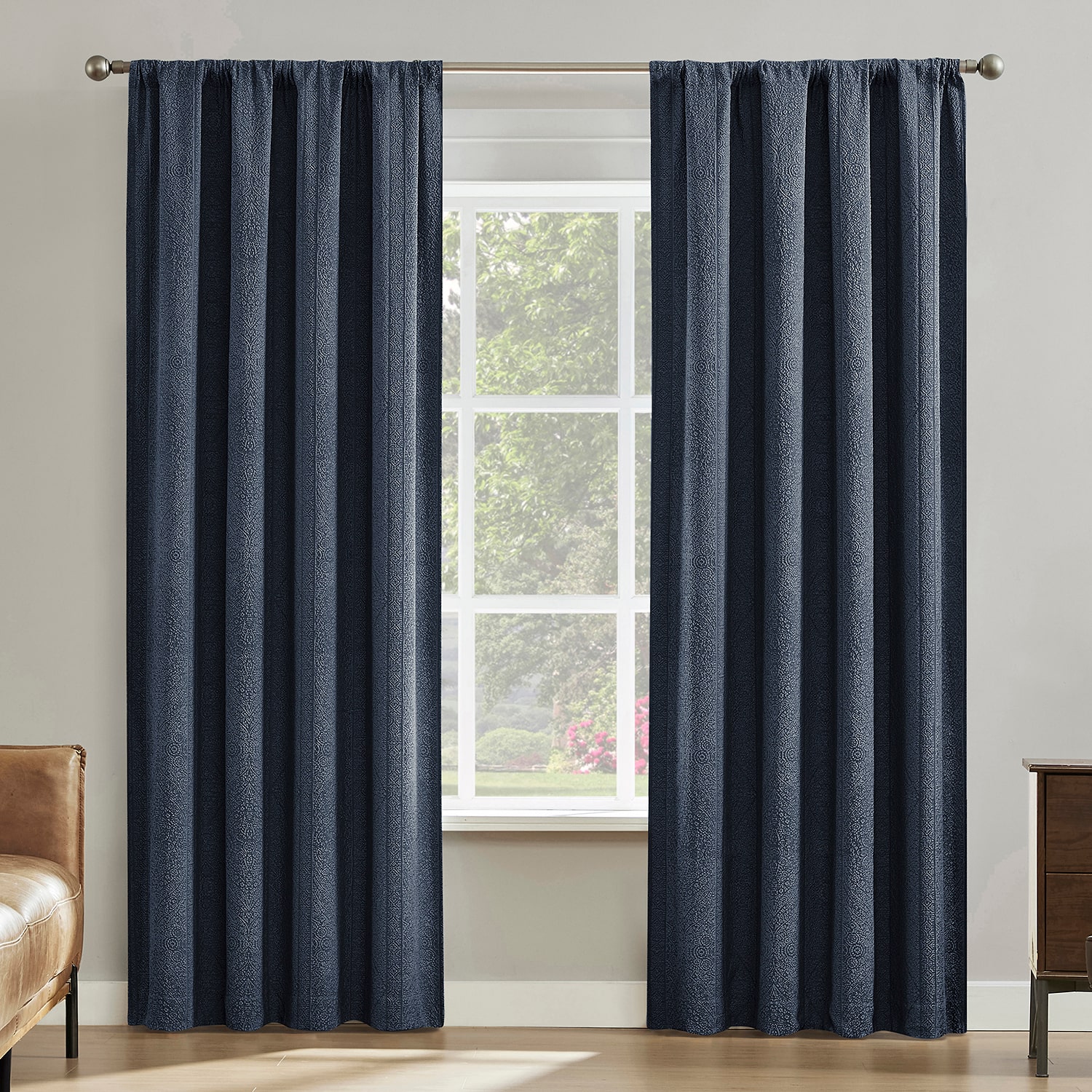 Sun Zero Medina Woven Damask Rod Pocket 100% Blackout Set of 2 Curtain Panel
