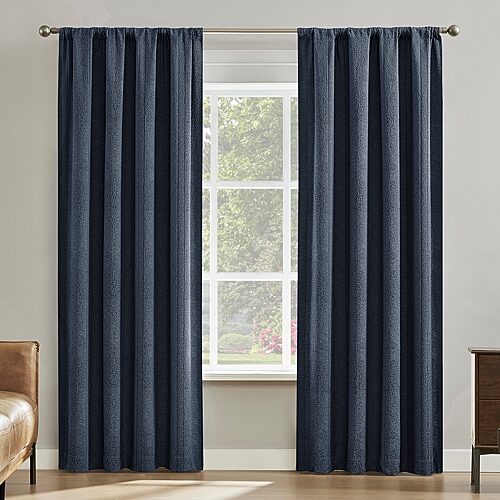 Sun Zero Medina Woven Damask Rod Pocket 100% Blackout Set Of 2 Curtain Panel In Blue