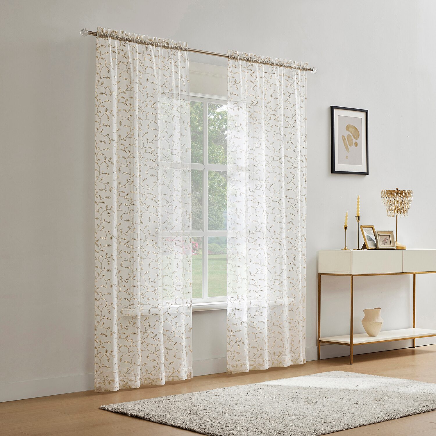 No 918 Holly Metallic Embroidery Christmas Rod Pocket Sheer Set of 2 Curtain Panel