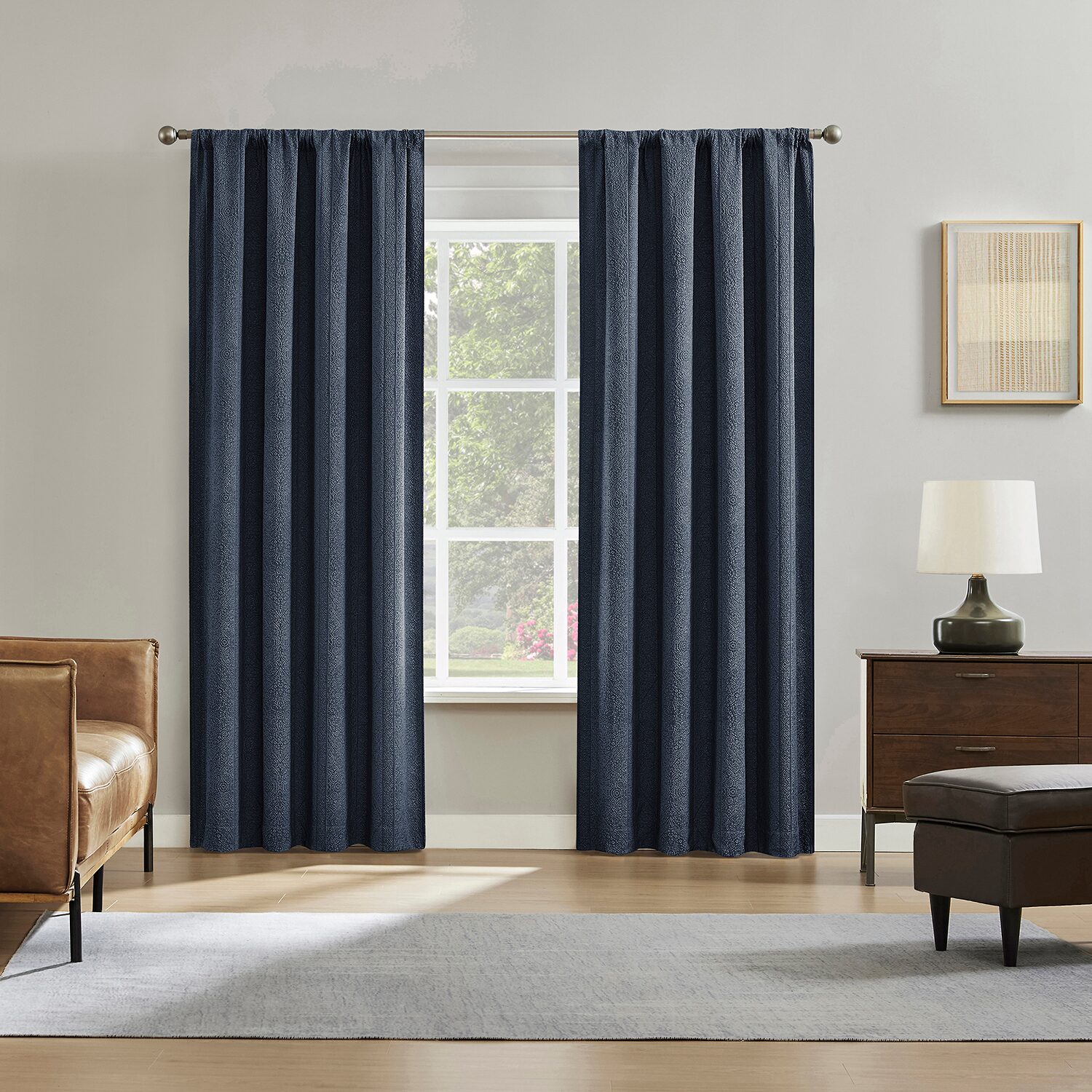 Sun Zero Medina Woven Damask Rod Pocket 100% Blackout Set of 2 Curtain Panel
