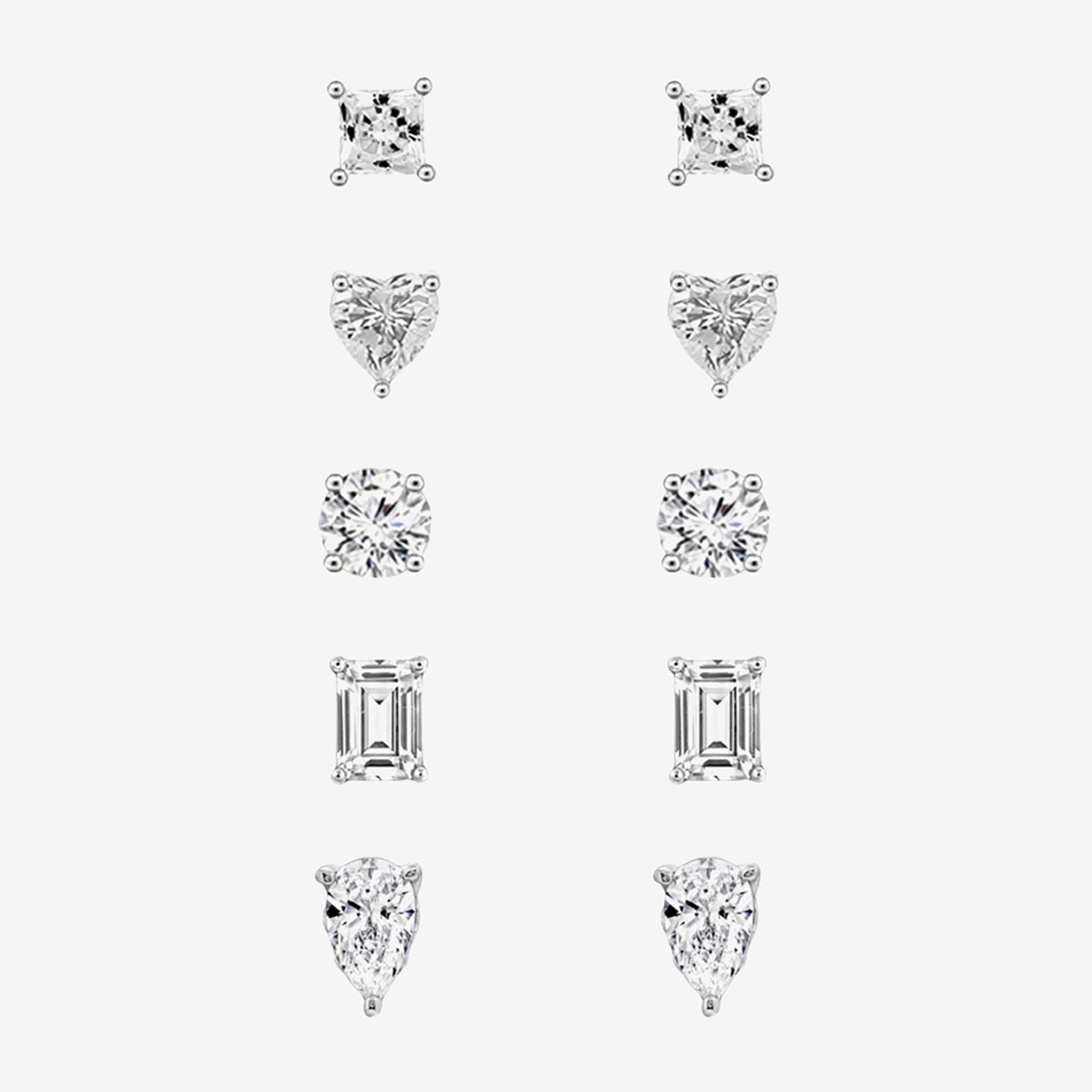 Diamonart Womens Cubic Zirconia Sterling Silver Heart Pear Round 5 Pair Earring Set