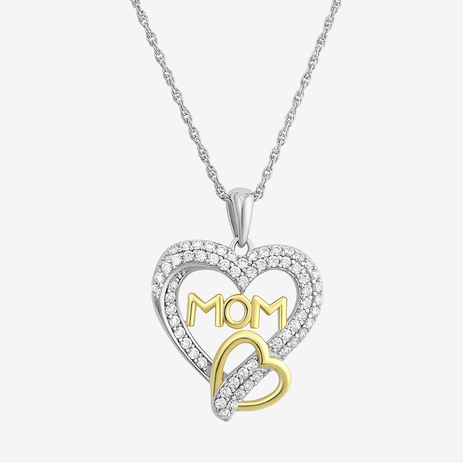 Diamonart "Mom" Womens White Cubic Zirconia Sterling Silver Heart 18 Inch Pendant Necklace