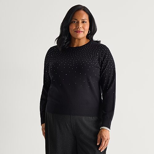 Liz Claiborne Plus Womens Crew Neck Long Sleeve Pullover Sweater In Black