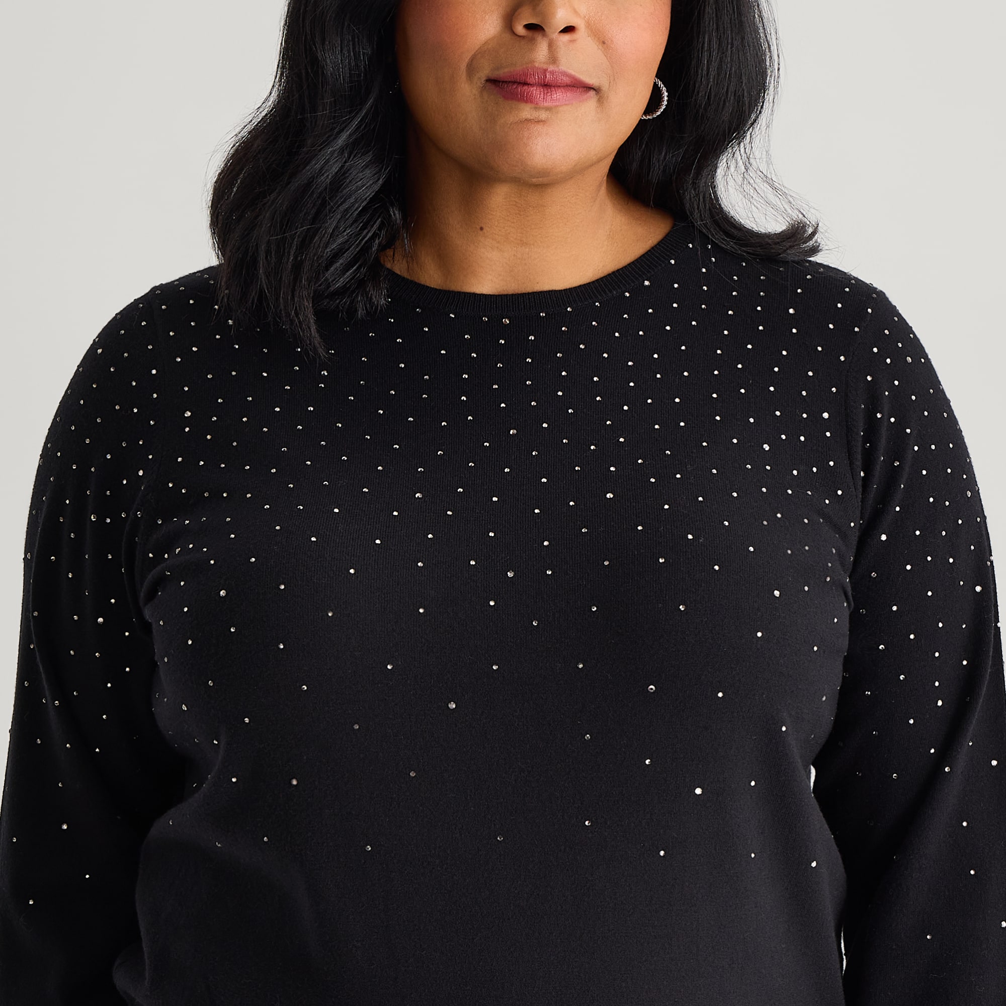 Liz Claiborne Plus Womens Crew Neck Embellished Long Sleeve Pullover Sweater