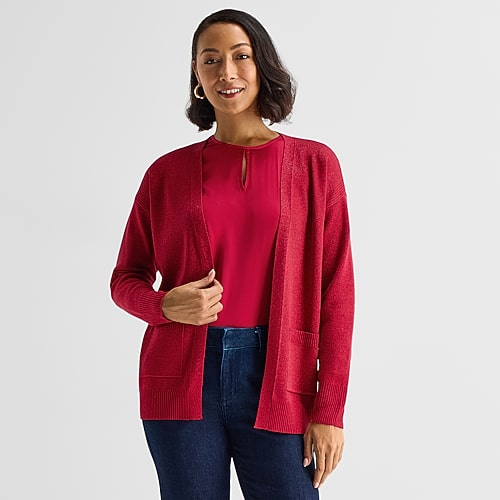 Liz Claiborne Womens V Neck Long Sleeve Open Front Cardigan In Red