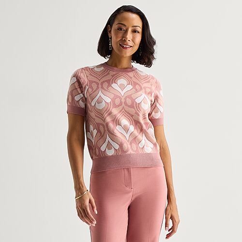 Liz Claiborne Womens Crew Neck Short Sleeve Geometric Pullover Sweater In Pink