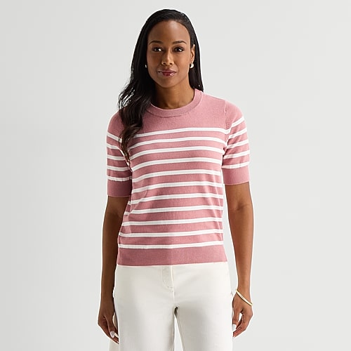 Liz Claiborne Womens Crew Neck Short Sleeve Striped Pullover Sweater, X-small, Pink