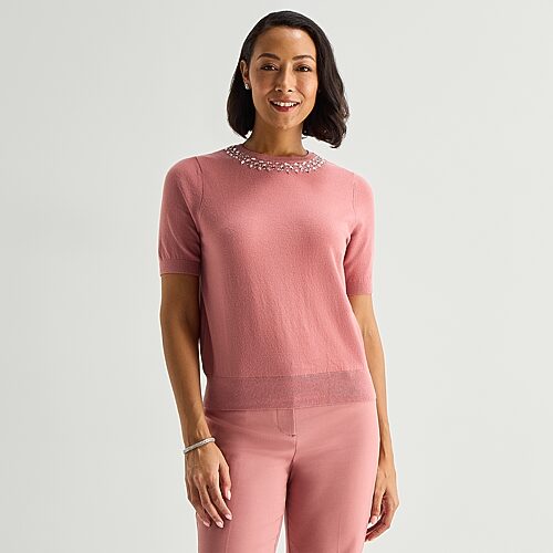 Liz Claiborne Womens Crew Neck Embellished Short Sleeve Pullover Sweater In Pink