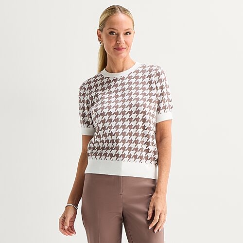 Liz Claiborne Womens Crew Neck Short Sleeve Geometric Pullover Sweater In Beige