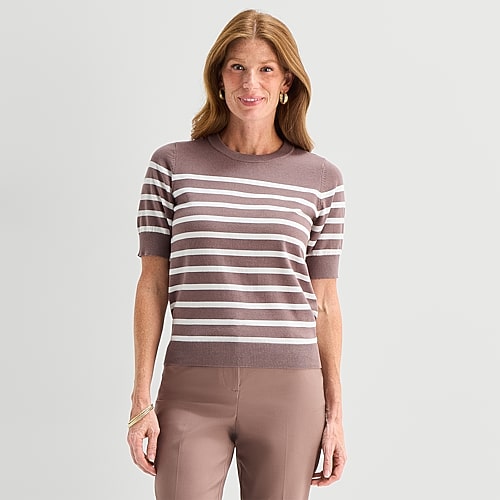 Liz Claiborne Womens Crew Neck Short Sleeve Striped Pullover Sweater In Brown