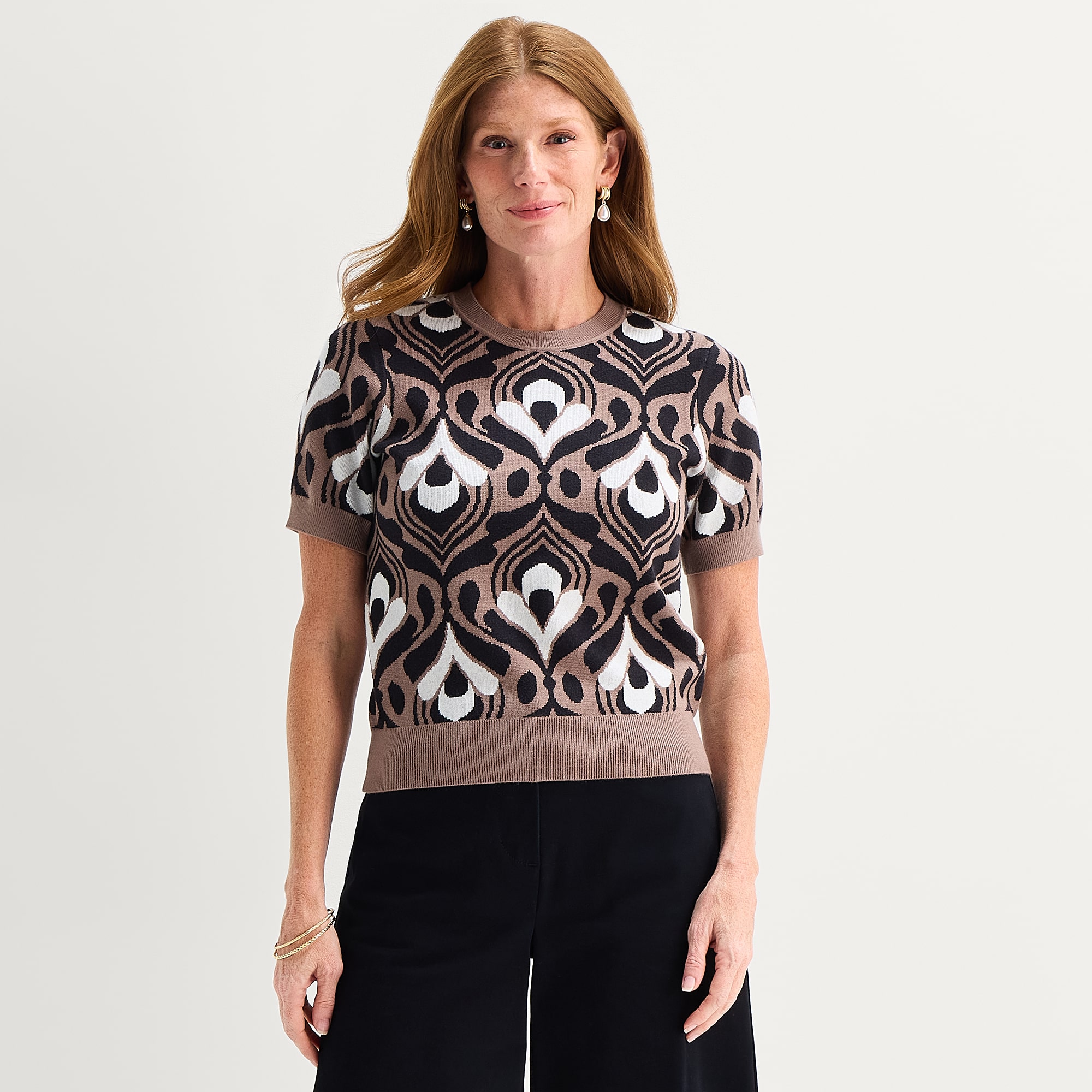 Liz Claiborne Womens Crew Neck Short Sleeve Geometric Pullover Sweater