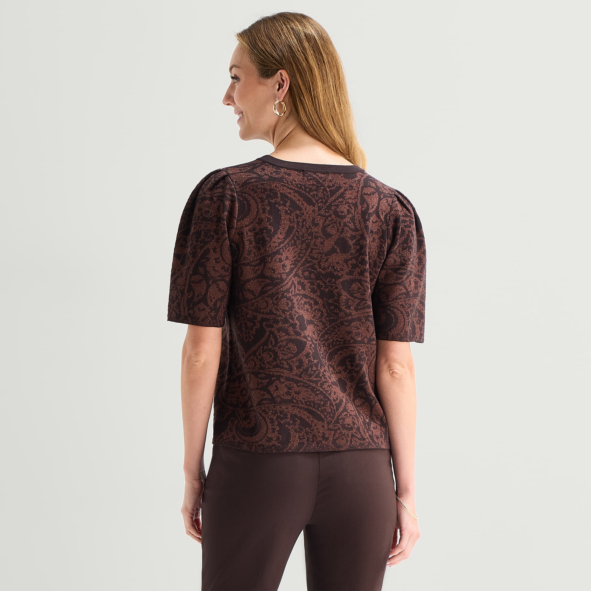Liz Claiborne Womens Crew Neck Short Sleeve Paisley Pullover Sweater