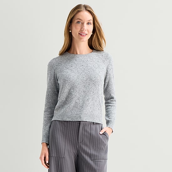 Liz Claiborne Womens Crew Neck Long Sleeve Pullover Sweater
