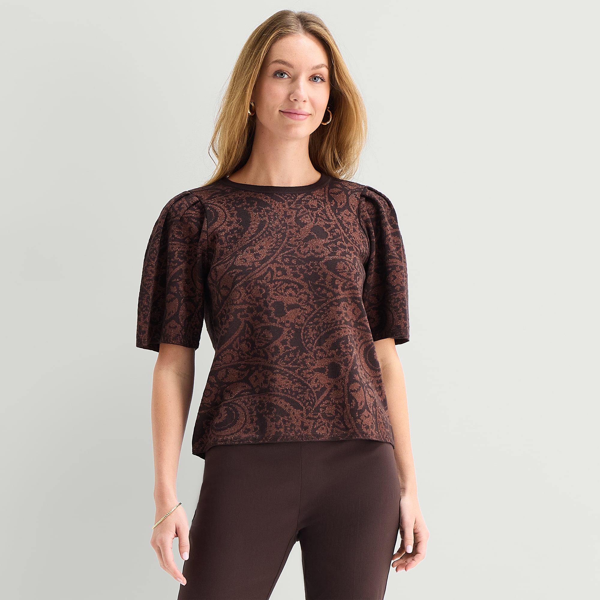 Liz Claiborne Womens Crew Neck Short Sleeve Paisley Pullover Sweater