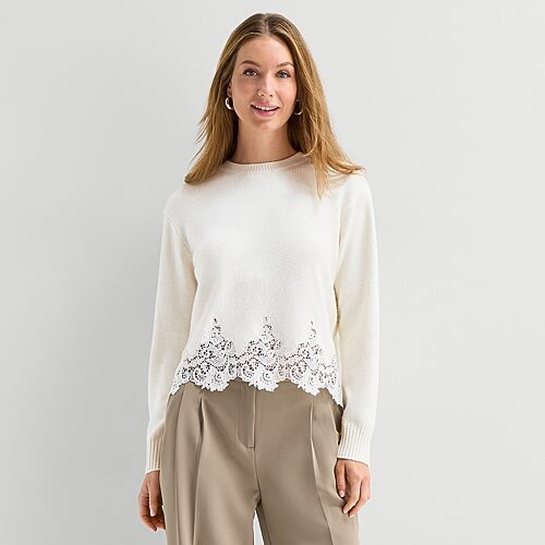 Liz Claiborne Womens Crew Neck Long Sleeve Pullover Sweater In White