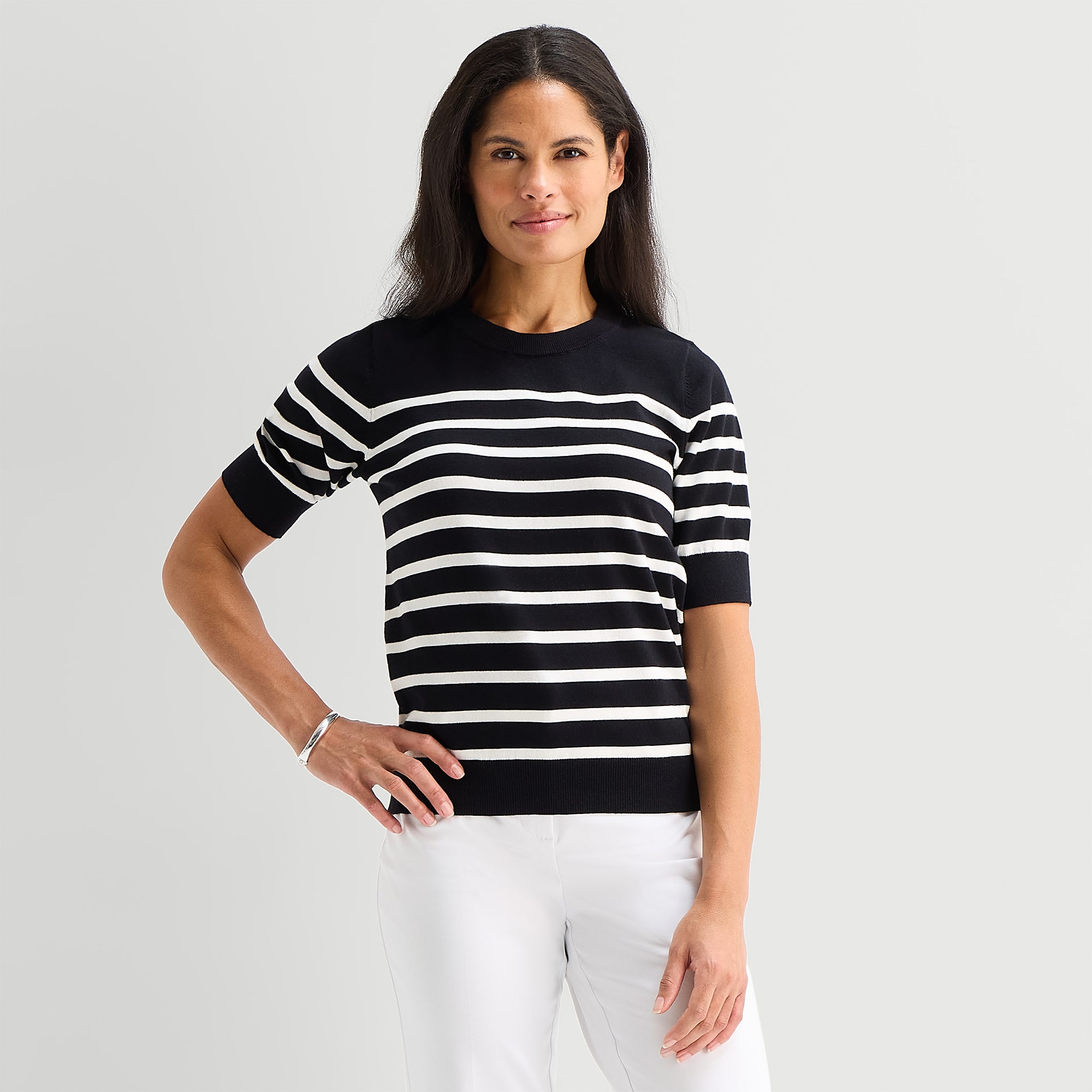 Liz Claiborne Womens Crew Neck Short Sleeve Striped Pullover Sweater