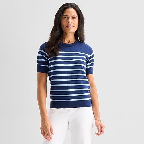 Liz Claiborne Womens Crew Neck Short Sleeve Striped Pullover Sweater In Blue